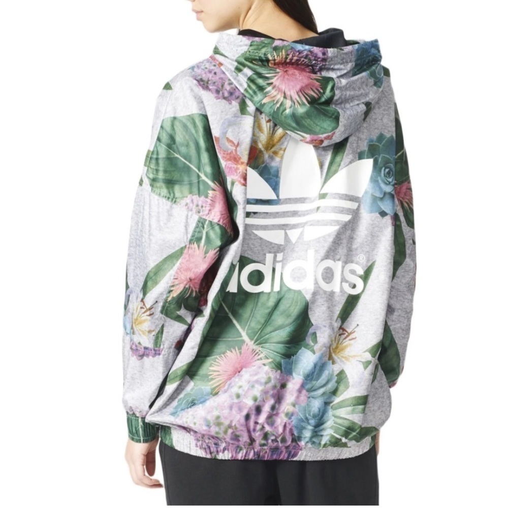 Adidas Size S Trefoil Track Windbreaker Hooded Pullover‎ Tropical Floral Jacket